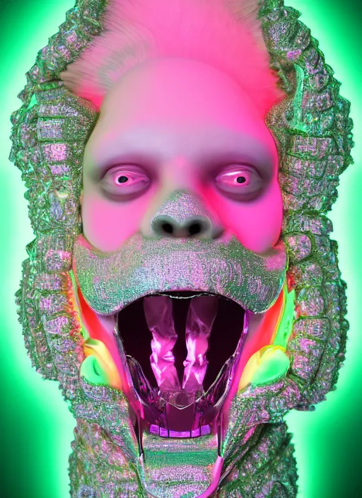 Image similar to photo of baroque and bladerunner delicate neon diamond sculpture of ceramic seductive albino prince diego villarreal rock and roll sticking tongue out, creamy pink iridescent humanoid deity wearing tiger fur hoody holding diamond skull in a green metallic dungeon, reclining, glowing rainbow face, crown of white diamonds, cinematic lighting, photorealistic, octane render 8 k depth of field 3 d