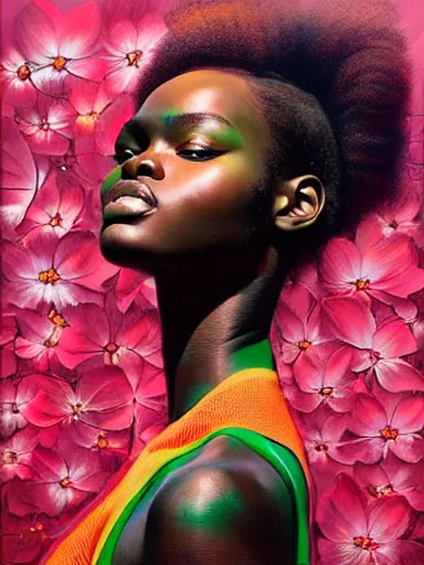 Image similar to portrait of duckie thot with a floral background : : painted by artgerm, karol bak, artur bordalo, sandra chevrier : : portrait, character, illustration, hyperrealism, photorealism,