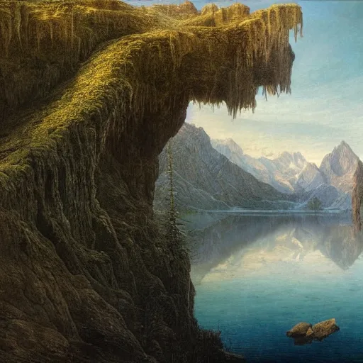 Image similar to a beautiful and highly detailed matte painting of a beautiful lake deep in the mountains, intricate details, epic scale, insanely complex, 8 k, sharp focus, hyperrealism, very realistic, by caspar friedrich, james gurney, brian froud,