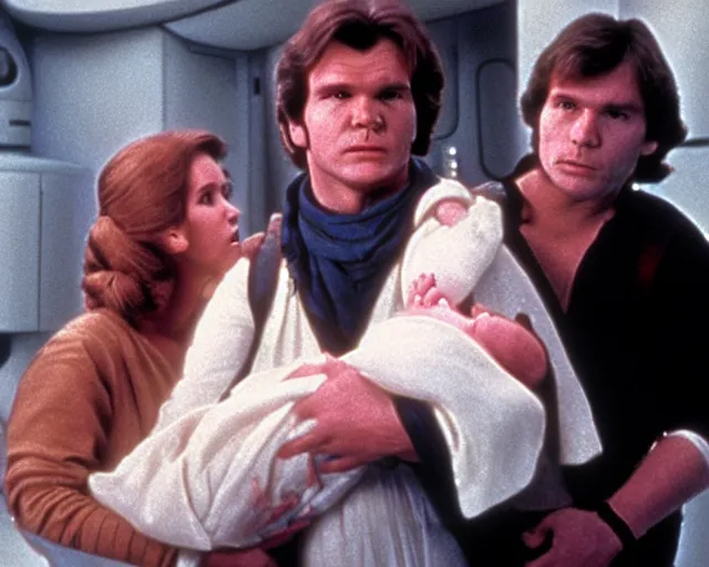 Image similar to screenshot of Han Solo standing next to Princess Leia Organa holding a new born baby in a swaddle, alone, pensive, iconic scene from 1980s Star Wars film directed by Ridley Scott, in a sci fi nursing home architecture, last jedi, 4k HD sharp, cinematic still frame, photoreal, detailed face, moody lighting, stunning cinematography, anamorphic lenses, kodak color film stock