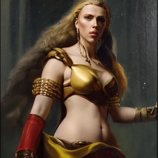 Image similar to the portrait of scarlett johansson as amazon in intricate dress by roberto ferri, fantasy, witcher, very detailed oil painting, masterpiece, 8 k