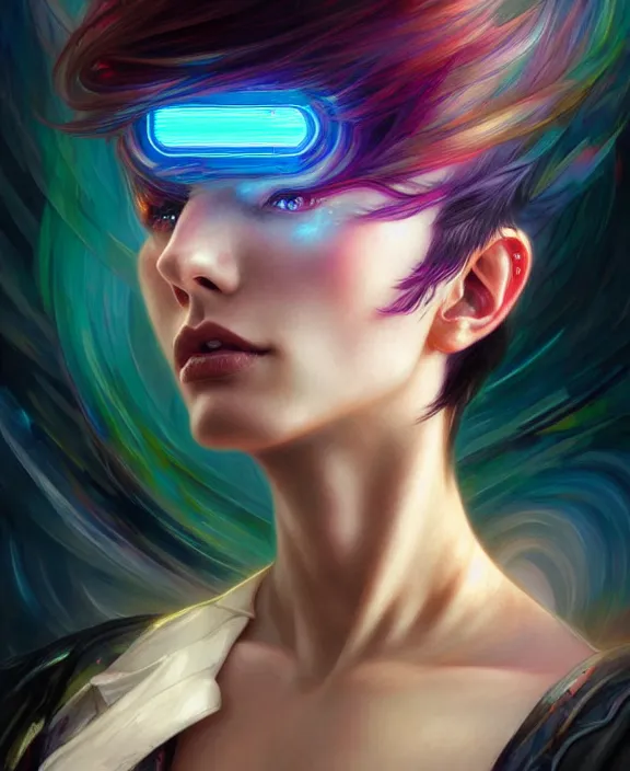 Image similar to a whirlwind of souls rushing inside the metaverse, half body, jewelry, fashionable short haircut, android, cyborg, cyberpunk face, by loish, d & d, fantasy, intricate, elegant, highly detailed, colorful, vivid color, digital painting, artstation, concept art, art by artgerm and greg rutkowski and alphonse mucha