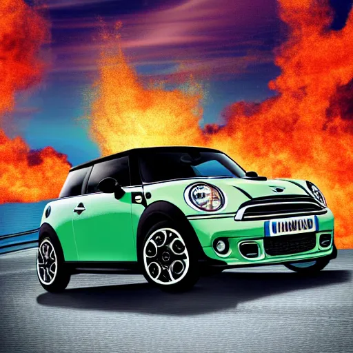 Prompt: a mini cooper ramping over a flaming bridge, digital art