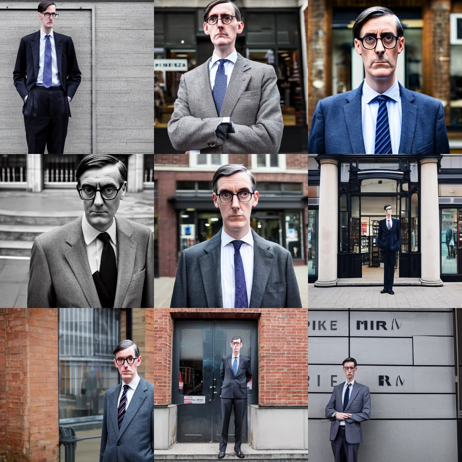 Prompt: a portrait of Jacob Rees mogg (suit, glasses, slender look), posing outside a Primark, shop front, high street, sad expression, 4k photo, sharp detail, good lighting