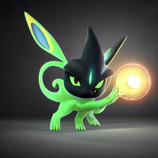 Image similar to fusion of espeon and umbreon, high octane render 3d, beautiful lighting, gentle