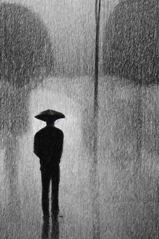 Image similar to a drawn man standing in the rain