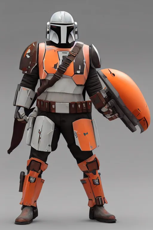 Image similar to mandalorian overwatch style statue made of white and orange marble standing, 3 d render, octane render, unreal engine, overwatch, detailed, dynamic light, beautiful, rococo, accents of red