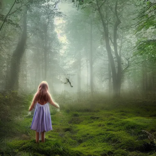 Image similar to forest child and fairy, light, river, magical forest, fog, moss