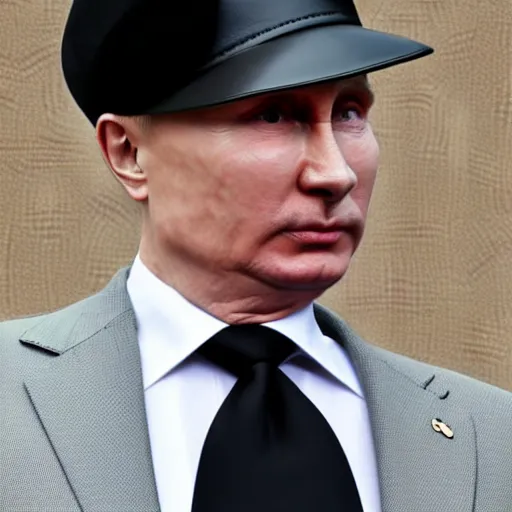 Image similar to putin wearing a black leather hat, frontal view, cool looking