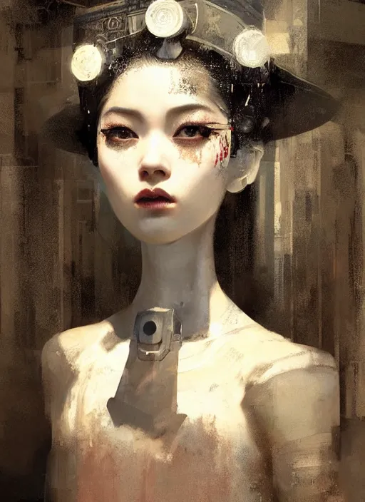 Image similar to female robot geisha girl, beautiful face, rule of thirds, intricate outfit, backlit, by greg rutkowski, by jeremy mann, digital painting