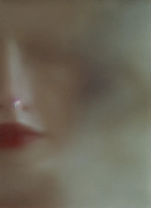 Prompt: out of focus photorealistic closeup of mouth and eyes, pale woman by saul leiter, ( ( ( very blurry ) ) ), translucent white skin, foggy