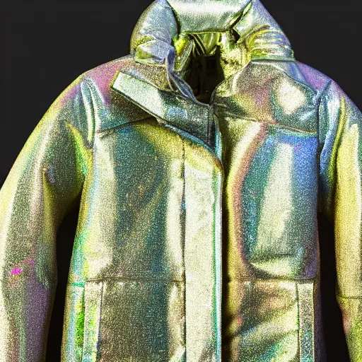 Prompt: an ultra high definition professional studio quality photograph of a transparent iridescent perspex pastel coloured puffa - jacket on a white coat hook in an empty white room. dramatic lighting, ray tracing, refraction, shallow d. o. f, colour corrected, golden ratio, three point light. light rays.