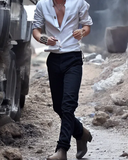 Prompt: glamorous harry styles working in a mine