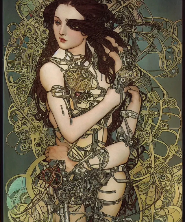 Prompt: realistic detailed portrait of a humanoid mecha cyberpunk! goddess by Alphonse Mucha and Charlie Bowater and art germ, rule of thirds, golden ratio, Art Nouveau! cyberpunk! style, mechanical accents!, mecha plate armor, glowing LEDs, flowing wires with leaves, art nouveau accents, art nouveau patterns and geometry, circuit patterns, rich deep moody colors, portrait style with the subject in the middle of the frame