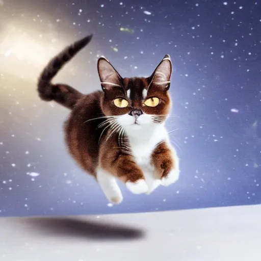 Image similar to photo of hyperspeed flying through space, siamese snowshoe cat running fast with motion blur
