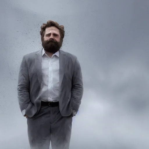 Image similar to hyperrealistic zach galifianakis evaporating into dust in the wind, stunning 3 d render inspired by istvan sandorfi & greg rutkowski & mike judge, perfect symmetry, dim volumetric cinematic lighting, 8 k octane comprehensive render, extremely mega hyper - detailed and lifelike attributes & atmosphere, intricate, realistic flesh texture, masterpiece, artstation, stunning,