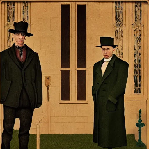 Prompt: American Gothics by Grant Wood but with Sherlock Holmes and Watson instead of the usual characters