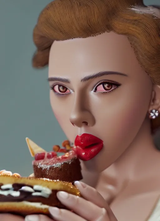 Image similar to closeup portrait of tin toy scarlett johansson eating cakes, depth of field, zeiss lens, detailed, symmetrical, centered, fashion photoshoot, by nicoletta ceccoli, mark ryden, lostfish, earl nore, hyung tae, frank frazetta, breathtaking, 8 k resolution, extremely detailed, beautiful, establishing shot, artistic, hyperrealistic, octane render