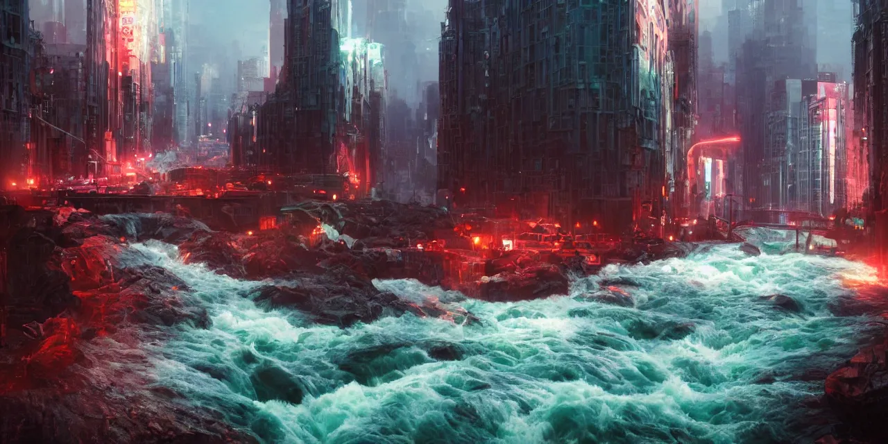 Image similar to street level view of turbulent river rapids rushing through a city at night , volumetric lighting, green and red glowing lights, 4k, octane, digital painting, artstation, concept art, sharp focus, illustration, high contrast, high saturation , cinematic film still, by by artgerm and greg rutkowski and alphonse mucha , wide angle view