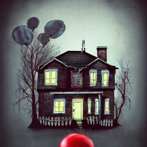 Prompt: grunge painting of a house with a wide smile and a red balloon by tim burton, loony toons style, pennywise style, corpse bride style, rick and morty style, creepy lighting, horror theme, detailed, elegant, intricate, conceptual