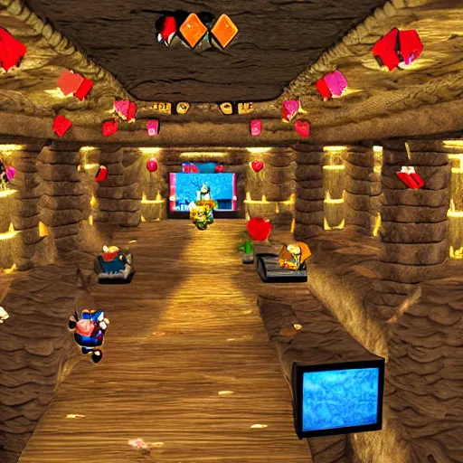 Prompt: Donkey Kong in a beautiful mine, with crystals on the walls.