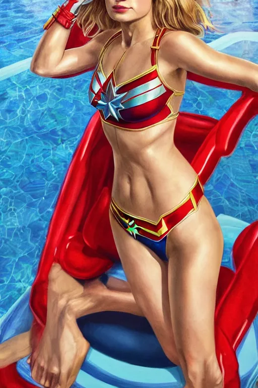 Prompt: full body portrait of a gorgeous petite Brie Larson wearing a micro bikini with a Captain Marvel pattern, wearing a micro bikini, lounging in a chair by a pool, hyper realistic, illustration, trending on artstation, HD, 4k, 8k, intricate detailed anatomy, character design, by james gurney