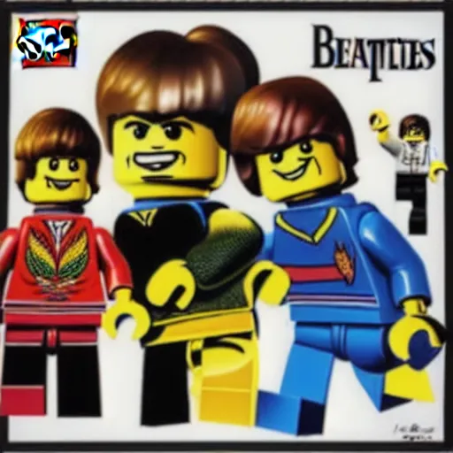 Prompt: Box art for a LEGO set of The Beatles