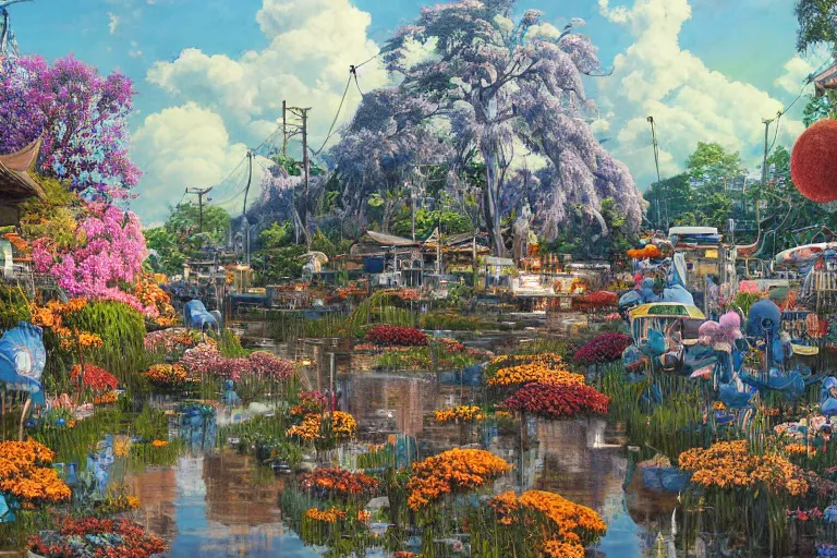 Image similar to oil painting, super - detailed scene spirited away, twilight junkyard, louisiana swamps, indigo blooming flowers garden, japanese sci - fi books art, artwork by jean giraud, hd, 4 k, high quality