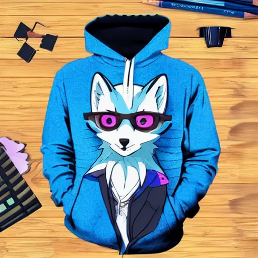 Image similar to anime style colored pencil sketch of an anthropomorphic blue fox fursona furry male character wearing a stylish all over print hoodie, notebook drawing, realisitc photo