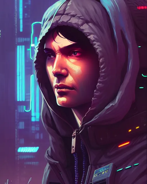 Prompt: cyberpunk synth, hyper - realistic detailed portrait of a man in a hoodie, digital painting, by artgem, by atey ghailan, by greg rutkowski, by greg tocchini, by james gilleard, by joe fenton, by kaethe butcher, sharp focus
