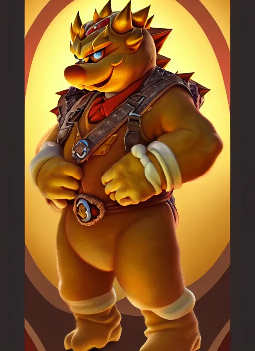 Image similar to oil portrait of bowser from super mario, intricate, elegant, highly detailed, lighting, painting, artstation, smooth, illustration, art by greg rutowski and alphonse mucha