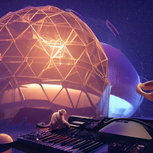 Prompt: a hyperrealistic 3D octane render of an elephant wearing virtual reality goggles, and playing a synthesizer keyboard, inside of a geodesic dome planetarium with planets and galaxies, trending on artstation, 8k, 4K, dramatic lighting, glowing, volumetric lighting, ray tracing, unreal engine