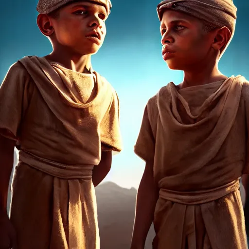 Image similar to portrait, 5 year old male twins in ancient Canaanite clothing looking at each other suspiciously, dramatic lighting, cinematic, establishing shot, high detail, photo realistic, cinematic lighting, post processed, concept art, artstation, matte painting, style by eddie mendoza, raphael lacoste, alex ross