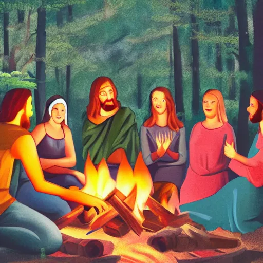 Prompt: jesus god talking with 4 women and 2 men around a campfire, realistic