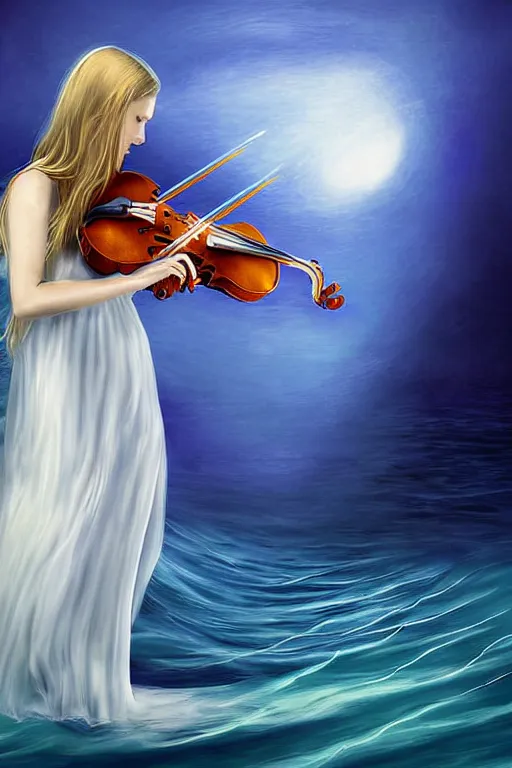 Prompt: beautiful mystical digital painting girl playing a violin wearing a long white dress over a wavy ocean by argerm