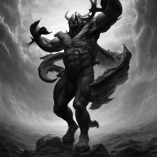Prompt: full body, grayscale, muscled humanoid balrog demon, horns, claws, large horned tail, heroic pose, swirling flames, Sorie Kim, Gustave Dore, Greg Rutkowski,