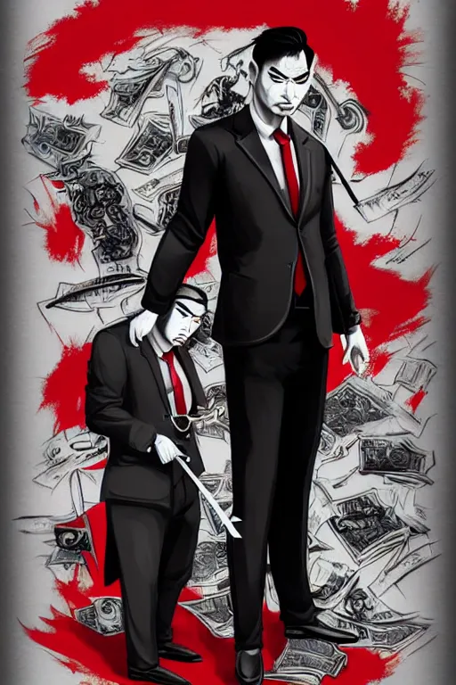 Image similar to chinnese mafia, with black suit and red tissue, some of leader have dragon tatto. digital art, concept art, pop art, bioshock art style, accurate, detailed, gta chinatown art style, cuphead art style, dynamic, face features, body features, ultra realistic, smooth, sharp focus, art by richard hamilton and mimmo rottela