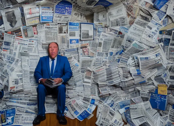 Image similar to dslr photo still of alex jones in a blue suit sitting depressed in a room filled to the ceiling with newspapers, 5 2 mm f 5. 6