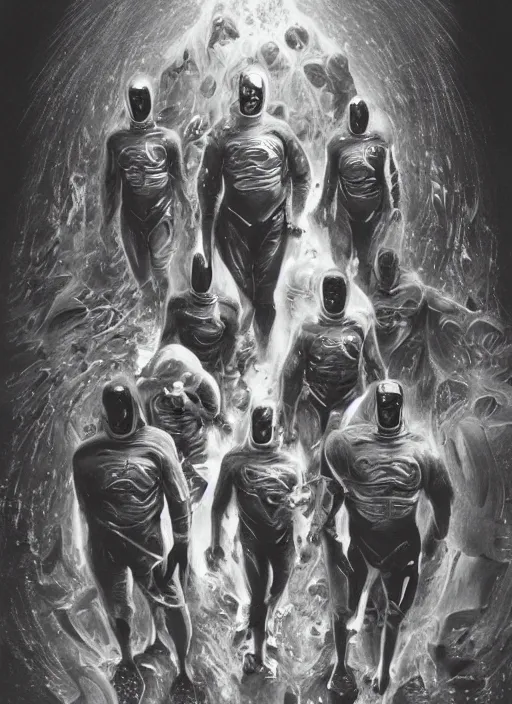 Image similar to astronauts divers in dark void underwater - complex and hyperdetailed technical suit design. reflection and dispersion materials. rays and dispersion of light. volumetric light. f / 3 2. noise film photo. flash photography. ultra realistic, 5 0 mm. poster by wayne barlowe, hajime sorayama aaron horkey, craig mullins