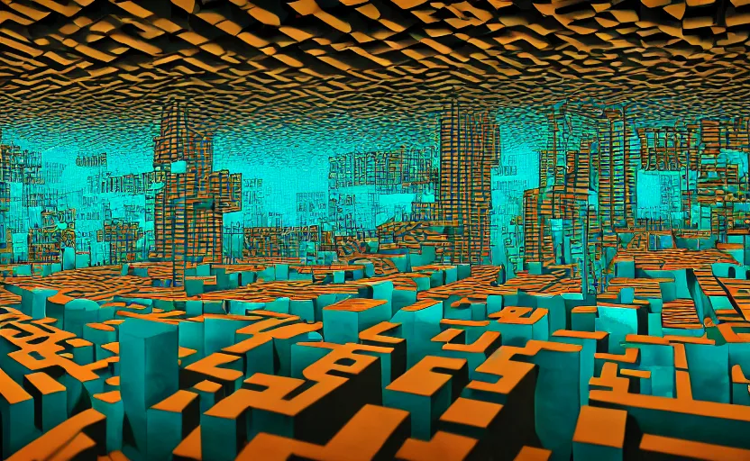 Prompt: interior of an elaborate labyrinth of runic cubes, endless maze - like tribal dark teal runes, ultrarealistic lighting, masterpiece by satoshi kon, crystal cubism, greeble, tesseract, darksynth, high definition