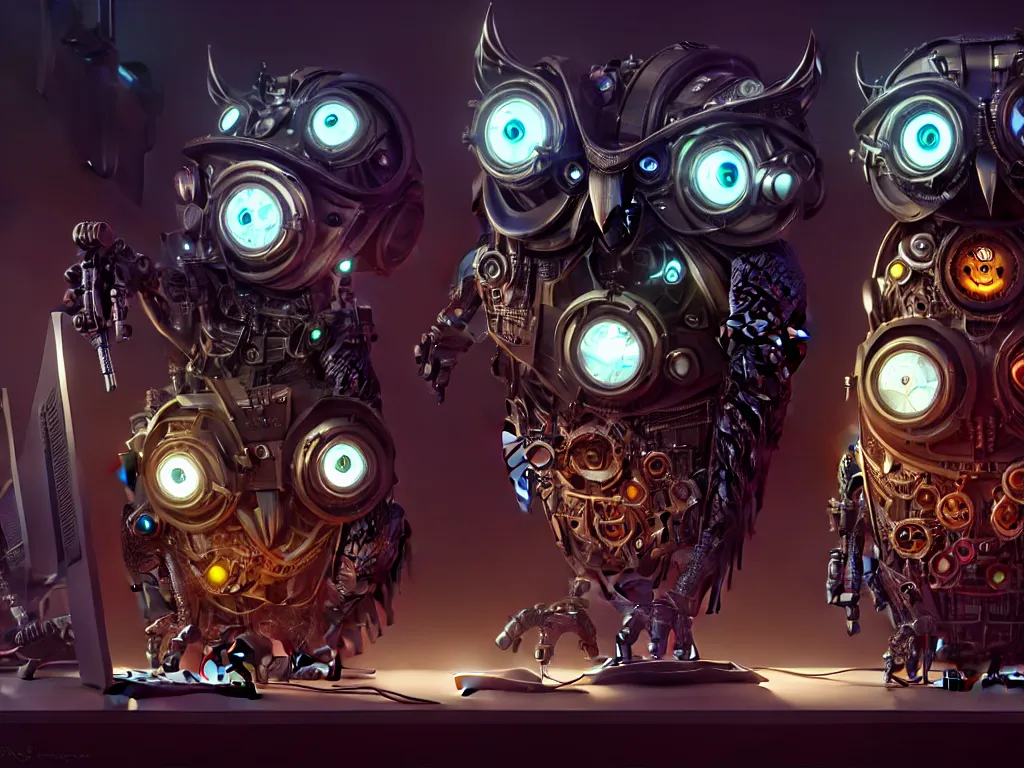 Image similar to an giant evil, malevolent, cyborg owls looking at a computer, surrounded by computer screens. steampunk, intricate, elegant, fantasy, highly detailed, digital painting, concept art, sharp focus, illustration, beautiful lighting, epic light, artstation, colorful, dramatic