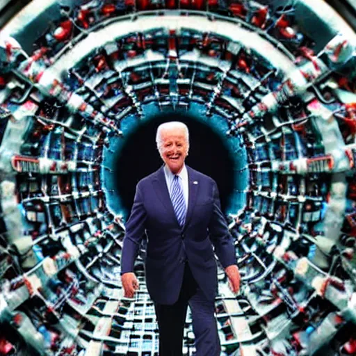 Image similar to Joe BIDEN crawling out of The Large Hadron Collider at cern with a bunch of demons behind him 4k ultra high quality surrealism