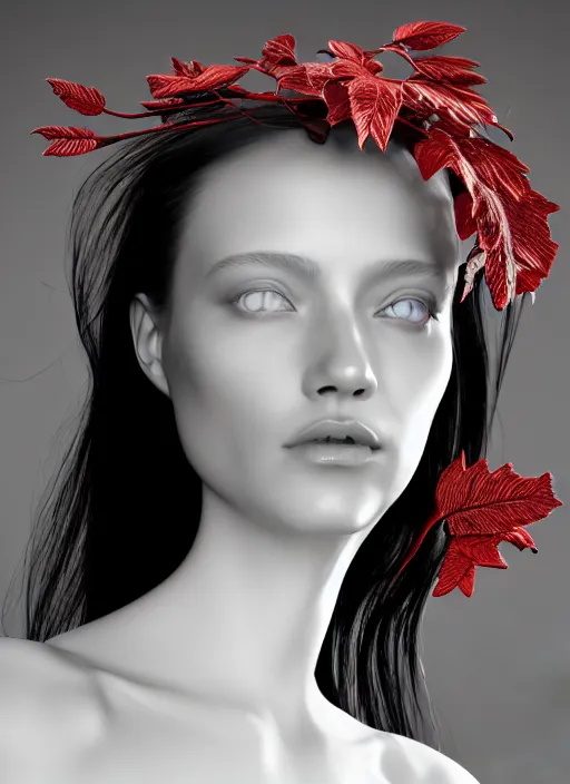 Prompt: complex 3d render ultra detailed of a beautiful porcelain profile young woman face, biomechanical cyborg, 200 mm lens, beautiful studio soft light, rim light, silver white gold red details, magnolia big leaves achromatic and stems, roots, fine foliage lace, mesh wire, Alexander Mcqueen high fashion haute couture, art nouveau fashion embroidered, intricate details, hyper realistic, ultra detailed, mandelbrot fractal, anatomical, facial muscles, cable wires, microchip, elegant, octane render, H.R. Giger style, volumetric lighting, 8k post-production, trending on Artstation