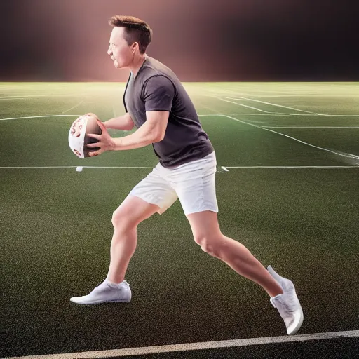 Image similar to elon musk playing football, photography, realistic, 8 k, award winning photography