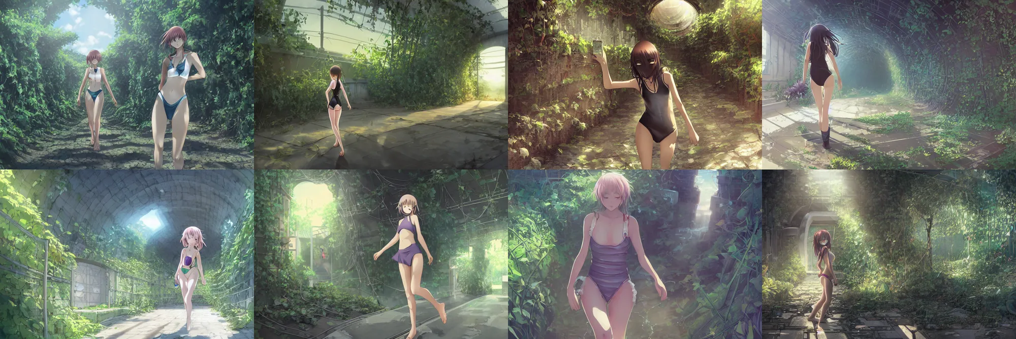 Prompt: Digital anime art by WLOP and Mobius, Water reservoir, concrete tunnel, overrun by plants, overrun by vines, girl in school swimsuit walking on concrete ledge, highly detailed, dim and shadowy lighting, some sunlight above