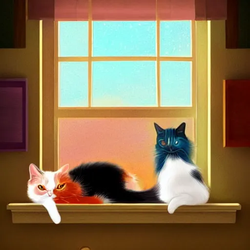 Prompt: two cute multi - colored calico cats sleeping inside a cozy home in the evening, stars shining in the night sky through the window,, artstation, cgsociety, storybook art