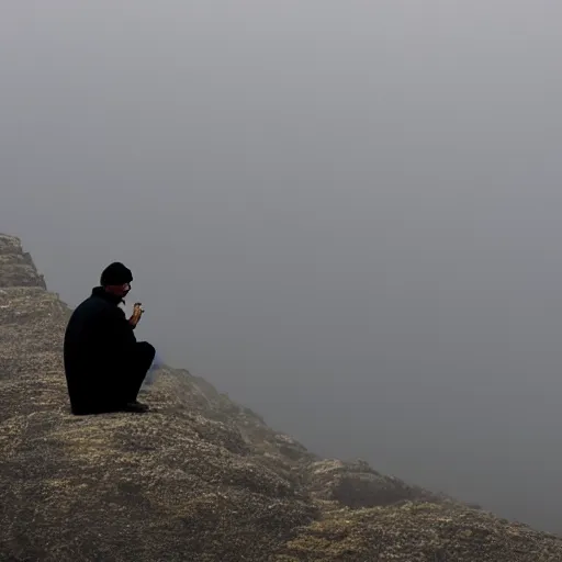 Image similar to a lonesome man, sitting on a cliff on a very rainy day, taking a drag from a cigarette as he watches his life fall apart