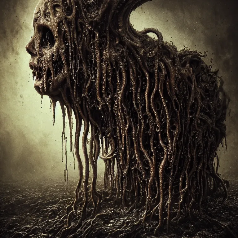 Prompt: ribbed abandoned melting surreal dripping face portrait, covered with tentacles, spines, roots, baroque painting, standing in a desolate empty wasteland, creepy, nightmare, dream-like heavy atmosphere, surreal abandoned buildings, beautiful detailed intricate insanely detailed octane render trending on Artstation, 8K artistic photography, photorealistic, chiaroscuro, Raphael, Caravaggio, Beksinski, Giger, pastel colors