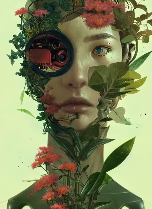 Image similar to a cyborg in some plants with flowers for a face by satoshi kon and greg rutkowski, 7 0's vintage sci - fi flat surreal design