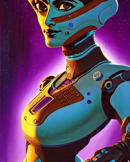 Prompt: symmetra from overwatch, character portrait, portrait, close up, concept art, intricate details, highly detailed, vintage sci - fi poster, retro future, in the style of chris foss, rodger dean, moebius, michael whelan, and gustave dore